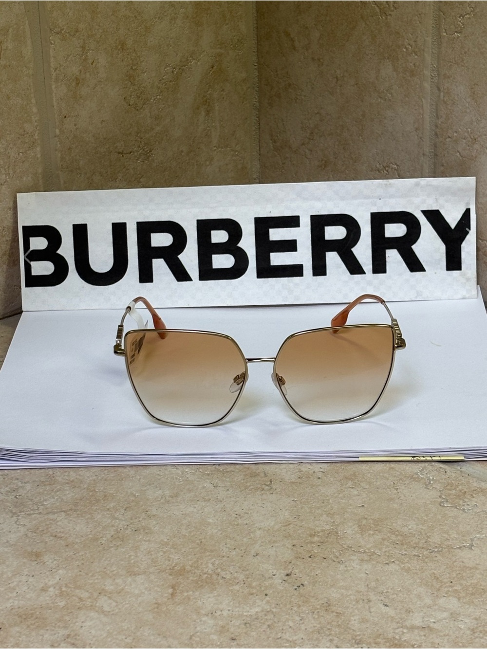 New Burberry BE3143 1109/VO Lite Gold Frame Sunglasses with Orange Gradient Lens